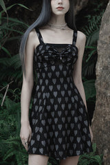 Black/Grey Heart Print Pattern Suspender Hollow Mesh Metal PU Buckle Bow Design Sleeveless Women's Punk Dress - Black/Grey - 1