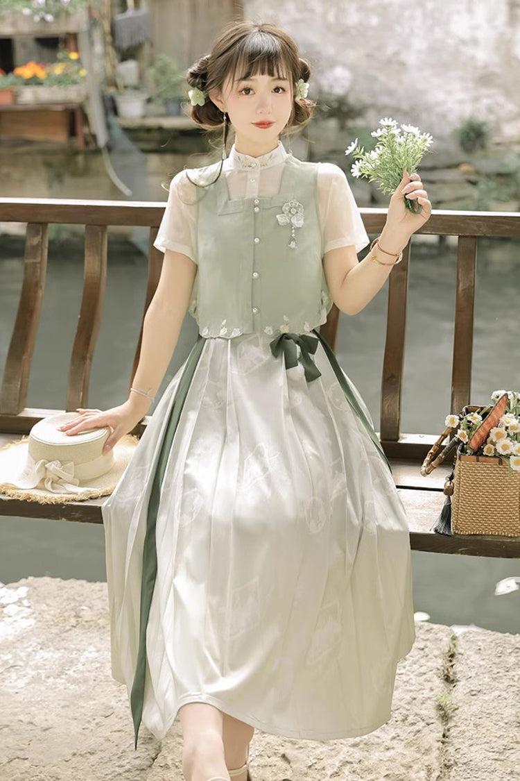 Green Round Collar Short Sleeves Embroidered Pearl Buttons Sweet Hanfu Dress Full Set - Product - 4