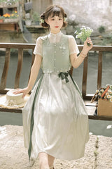 Green Round Collar Short Sleeves Embroidered Pearl Buttons Sweet Hanfu Dress Full Set - Product - 4