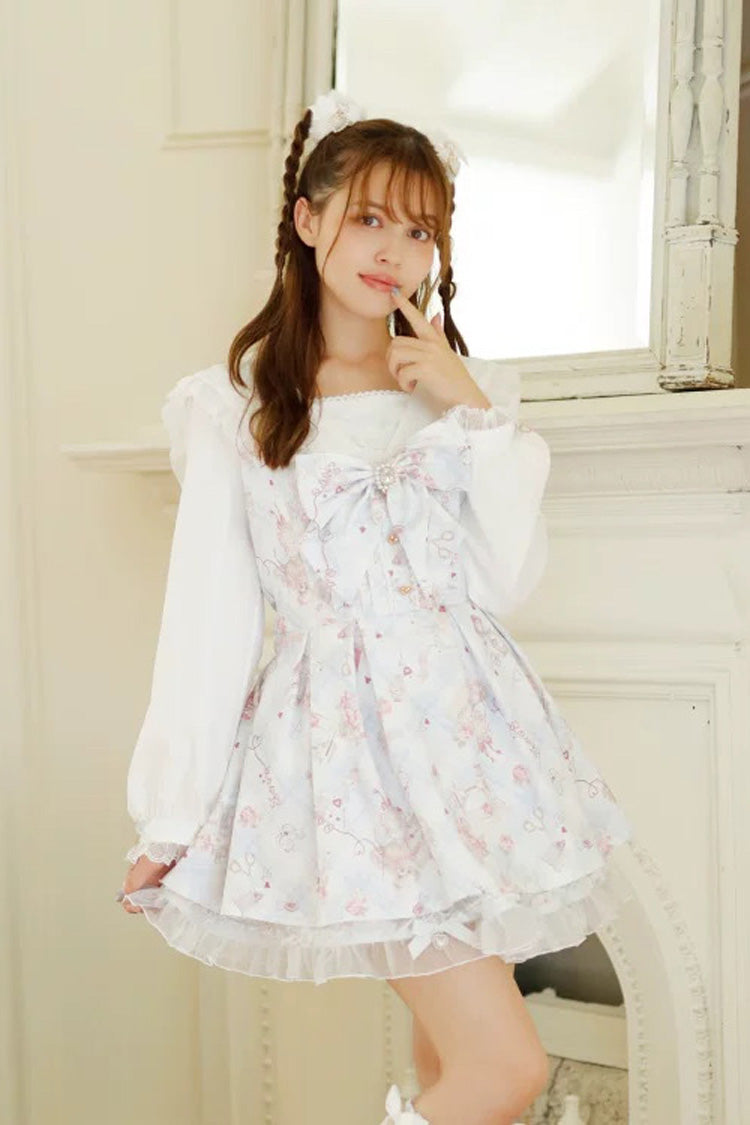 [Sewing Bear] Long Sleeves Print Bowknot Lace Sweet Jirai Kei Plus Size Dress 3 Colors - Product - 6