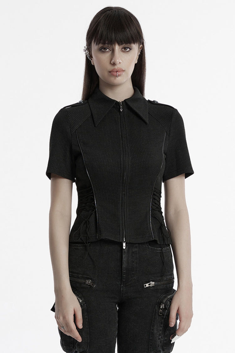 Black Lapel Collar Long Sleeves Lace-Up Women's Punk Military Blouse - Black - 1
