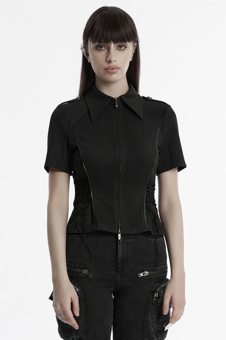 Black Lapel Collar Long Sleeves Lace-Up Women's Punk Military Blouse - Black - 1