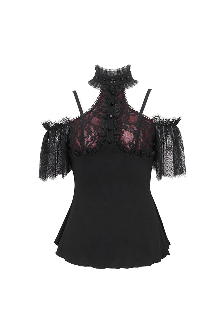 Black/Red Off Shoulder Lace Round Collar Splice Women's Gothic Shirt - Product - 8