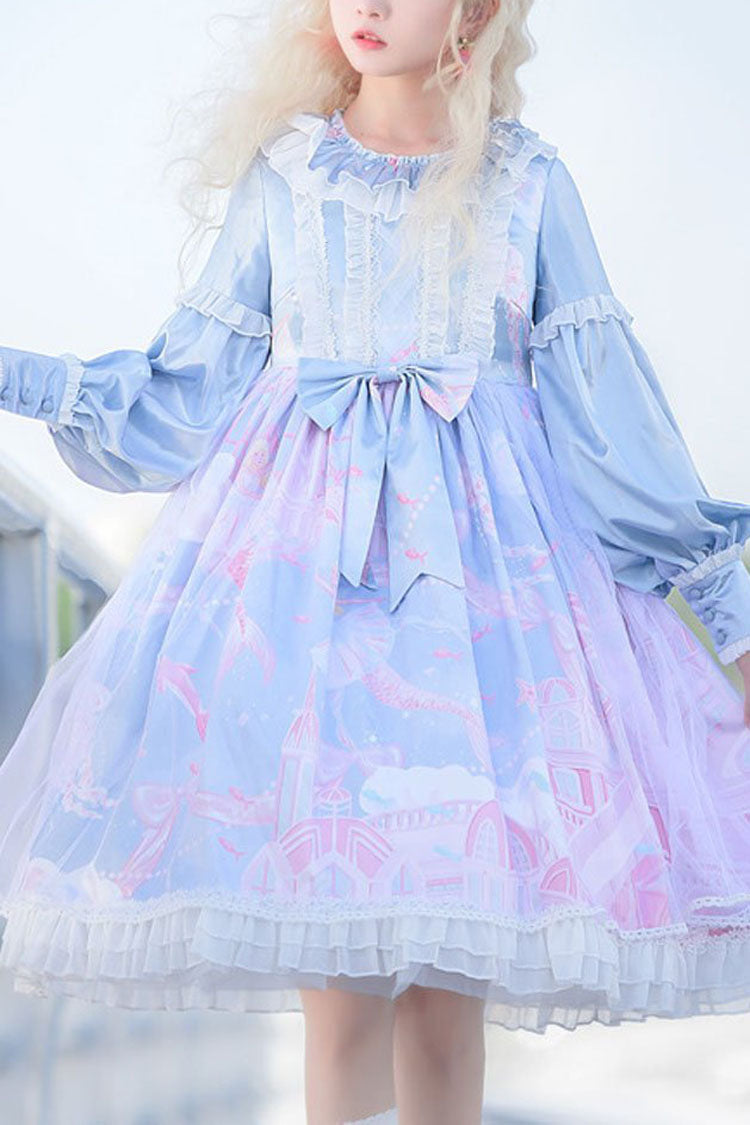 Sky Blue Dreamy Deep Sea Theater Print Bowknot Long Sleeves Princess Sweet Lolita OP Dress - blue - 1