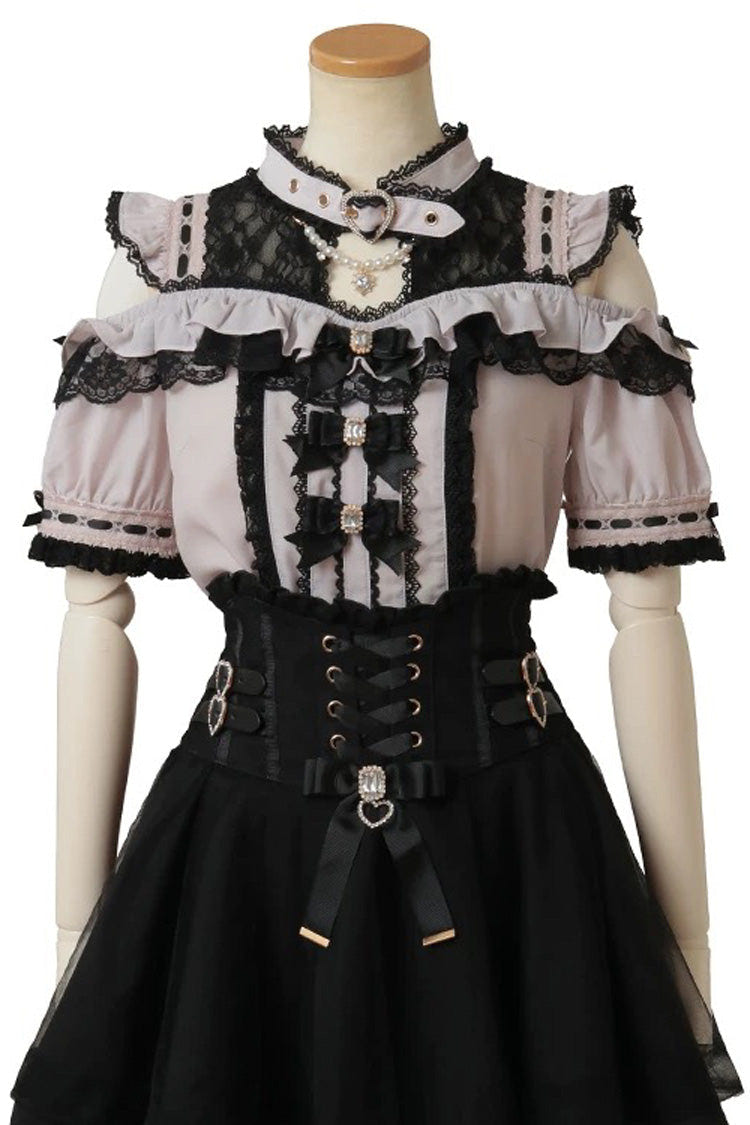 Sweet Jirai Kei Choker Neck Off Shoulder Bowknot Lace Japanese Blouse 3 Colors - Black/Pink - 7