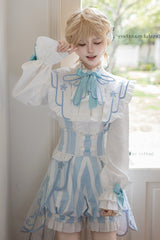 White/Blue [Angel’s Covenant] Stand Collar Long Sleeves Striped Printed Bow Gothic Ouji Lolita Suspender Shorts Set - Product - 11