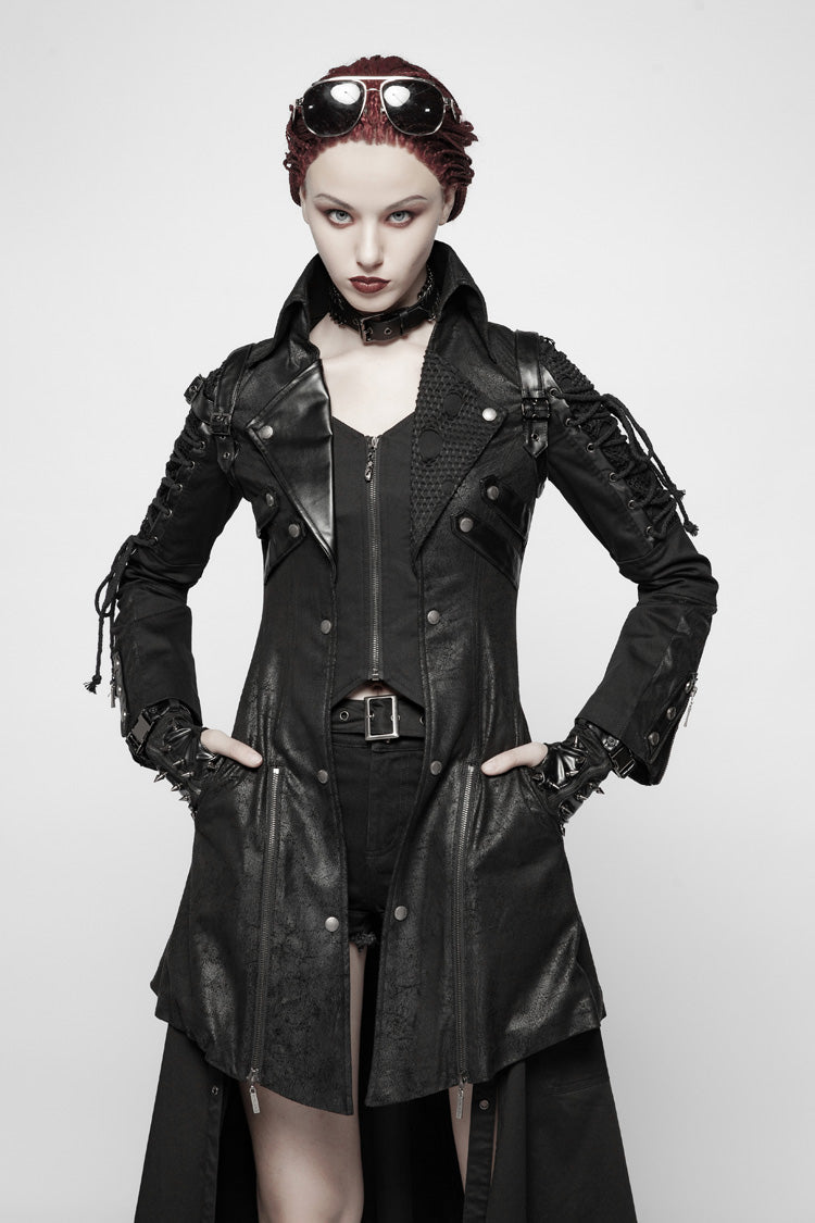 Black Metal Buckle Decoration Zipper Womens Steampunk Windbreaker Coat - Product - 7