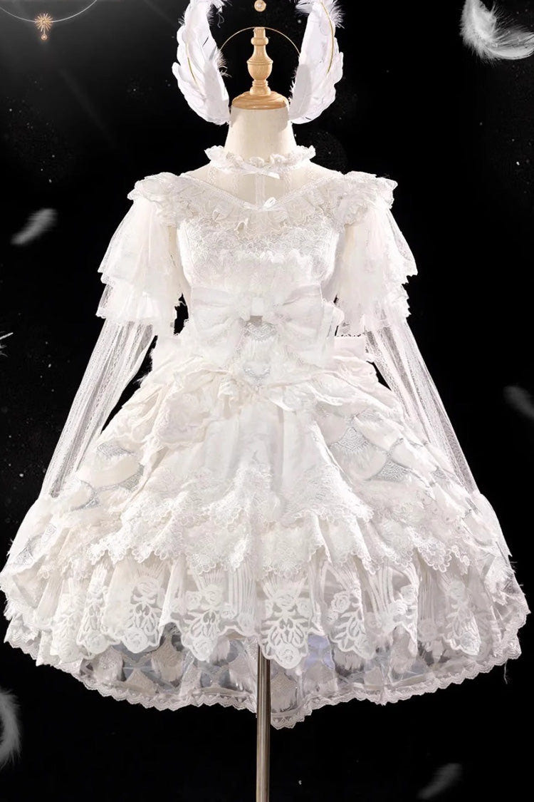 White [Peacock Feather] Multi-Layered Ruffle Hanayome Cardigan Bowknot Lace Sweet Lolita Jsk Dress Set - Product - 10
