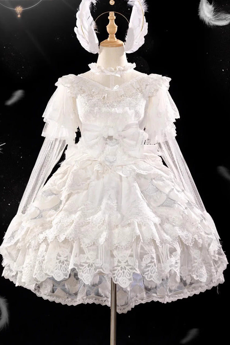 White [Peacock Feather] Multi-Layered Ruffle Hanayome Cardigan Bowknot Lace Sweet Lolita Jsk Dress Set - Product - 10