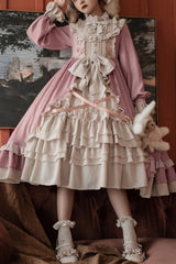 Pink Round Collar Bowknot Long Sleeves Multi-Layer Ruffled Sweet Lolita OP Dress - Pink - 1