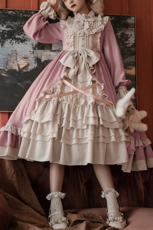 Pink Round Collar Bowknot Long Sleeves Multi-Layer Ruffled Sweet Lolita OP Dress - Pink - 1