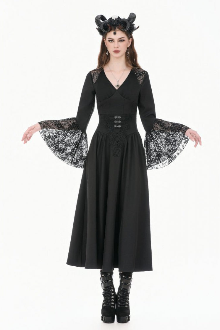 Black Women's Gothic High Waisted Embroidered Gathered Maxi Skirt - Product - 10