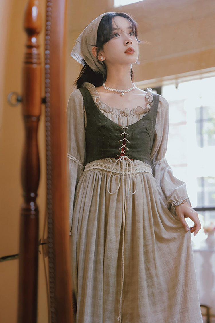Khaki French Style Round Collar Long Sleeves Printed Classic Vintage Lolita Dress - Product - 5