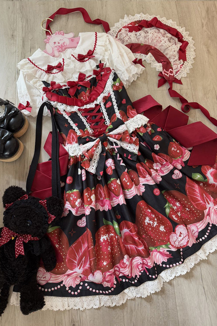 [Sweet Berry Tale] Strawberry Print Ruffle Bowknot Lace Sweet Lolita Jsk Dress 4 Colors - Product - 5