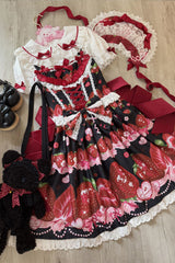 [Sweet Berry Tale] Strawberry Print Ruffle Bowknot Lace Sweet Lolita Jsk Dress 4 Colors - Product - 5