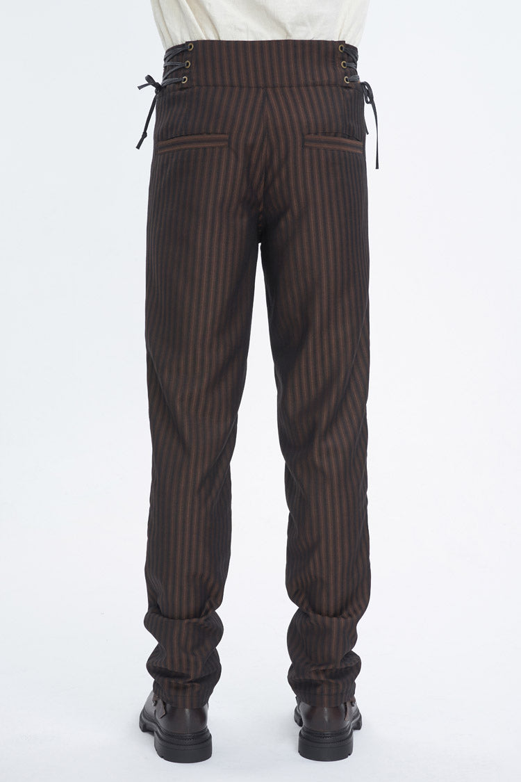 Brown High Waisted Lace-Up Striped Men's Gothic Pants - Product - 3