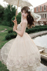 Apricot [Fantasy Butterfly] Triple-Layered Ruffle Embroidery Bowknot Lace Sweet Princess Lolita Jsk Dress - Product - 3