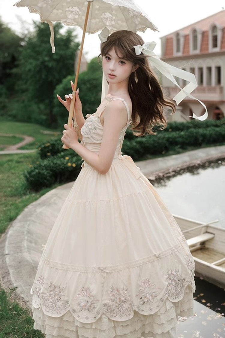 Apricot [Fantasy Butterfly] Triple-Layered Ruffle Embroidery Bowknot Lace Sweet Princess Lolita Jsk Dress - Product - 3