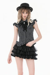Black/White Vertical Striped Turn-down Collar Ruffled Women's Gothic Blouse with Detachable Tie - Black/White - 1