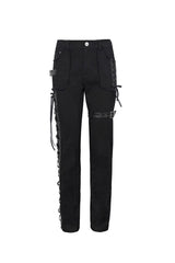 Black Metal Decorative Lace Up Leg Loops Long Men's Punk Pants - Product - 5