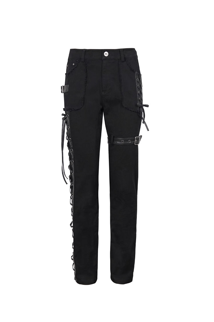 Black Metal Decorative Lace Up Leg Loops Long Men's Punk Pants - Product - 5