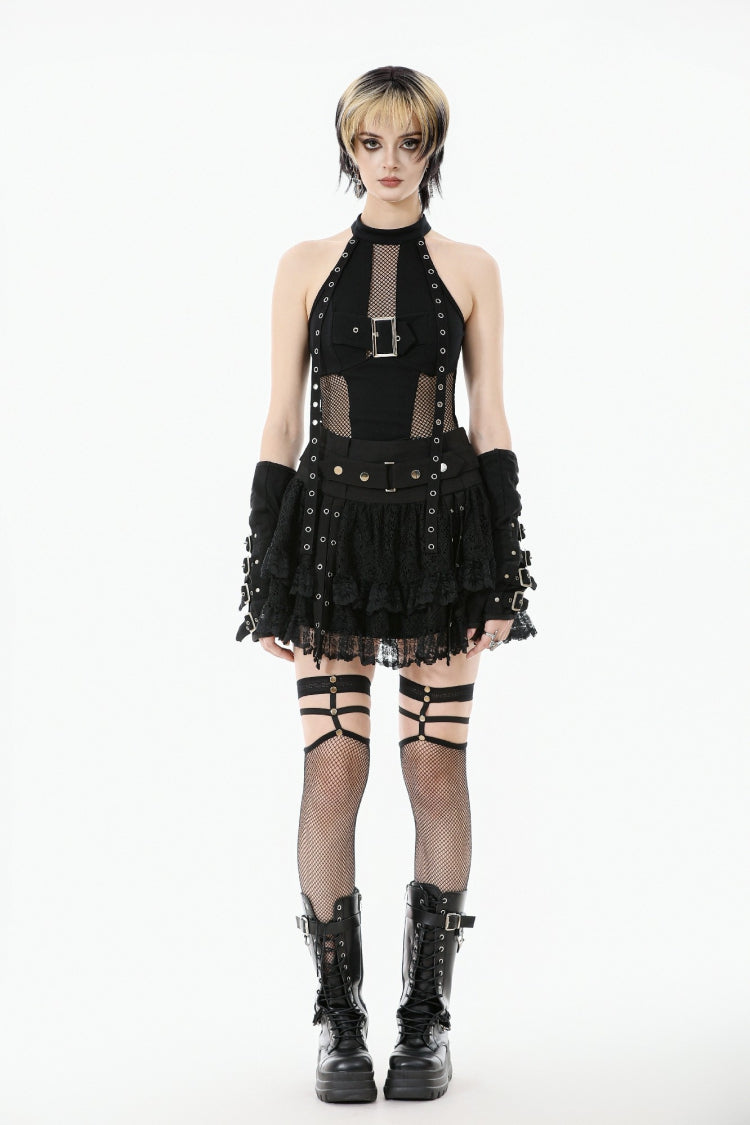 Black Off Shoulder Halterneck Sleeveless Mesh Eyelet Strap Women's Punk Top - Product - 7