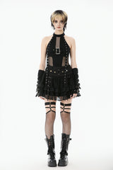 Black Off Shoulder Halterneck Sleeveless Mesh Eyelet Strap Women's Punk Top - Product - 7
