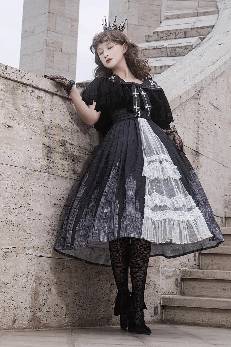 Black Sleeveless Print Lace Gothic Vintage Princess Lolita Jsk Dress - Product - 4