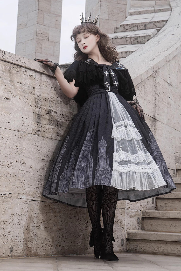 Black Printed Lace Gothic Vintage Princess Lolita JSK Dress detail view 4