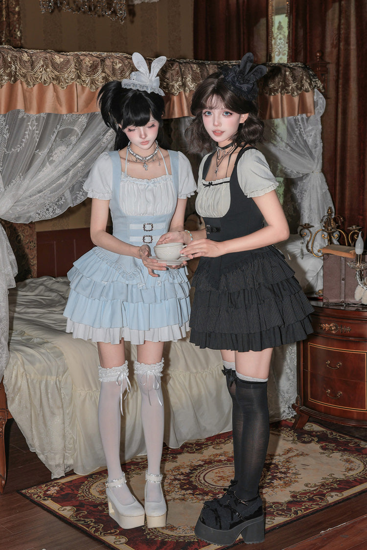 [Silent Summer] Square Collar Halterneck Short Sleeves Multi-Layered Printed Ruffled Classic Cool Lolita Dress Set (Black/Blue 2 Colors) - Product - 6