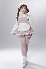 Pink/White [Showcase Doll] Japanese Maid-Style Long Sleeves Ruffle Bowknot Jirai Kei Japanese Dress Shorts Set with Detachable Apron - Product - 9