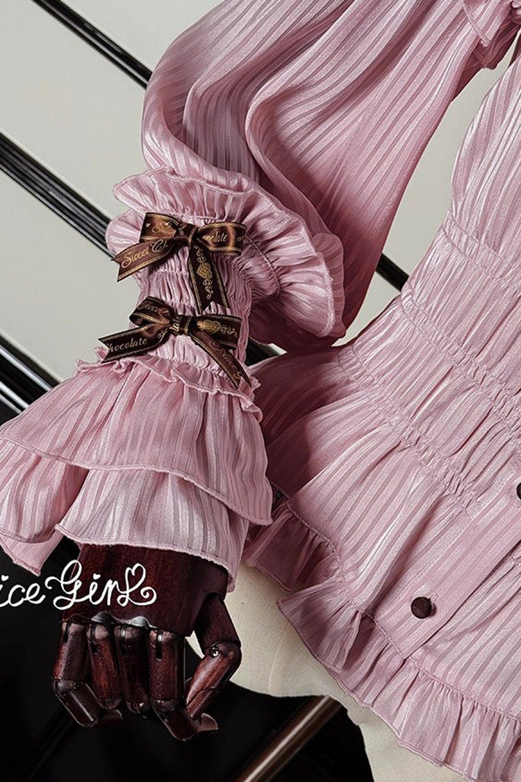 [Teddy Bear Chocolate] Round Collar Long Trumpet Sleeves Ruffle Bowknot Sweet Lolita Blouse 3 Colors - Product - 14