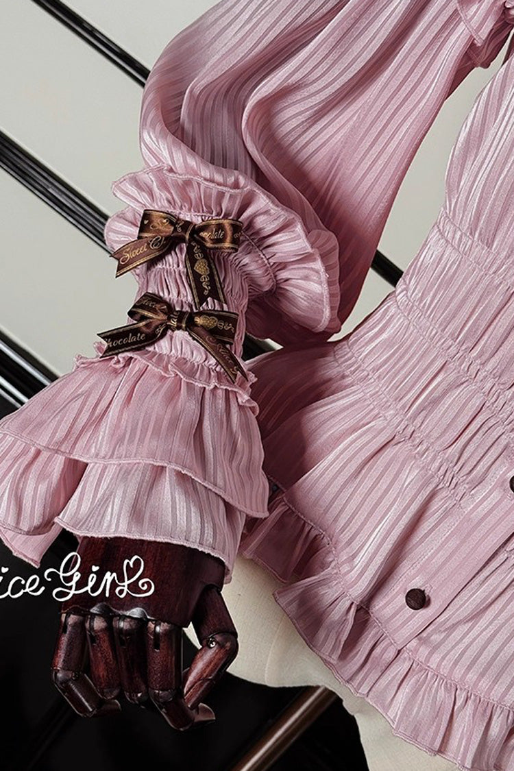 [Teddy Bear Chocolate] Round Collar Long Trumpet Sleeves Ruffle Bowknot Sweet Lolita Blouse 3 Colors - Product - 14