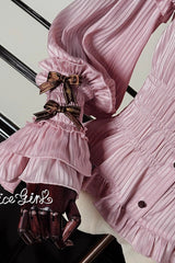 [Teddy Bear Chocolate] Round Collar Long Trumpet Sleeves Ruffle Bowknot Sweet Lolita Blouse 3 Colors - Product - 14