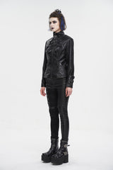 Black Stand Collar Crackled Buckle Women's Punk Jacket - Product - 6