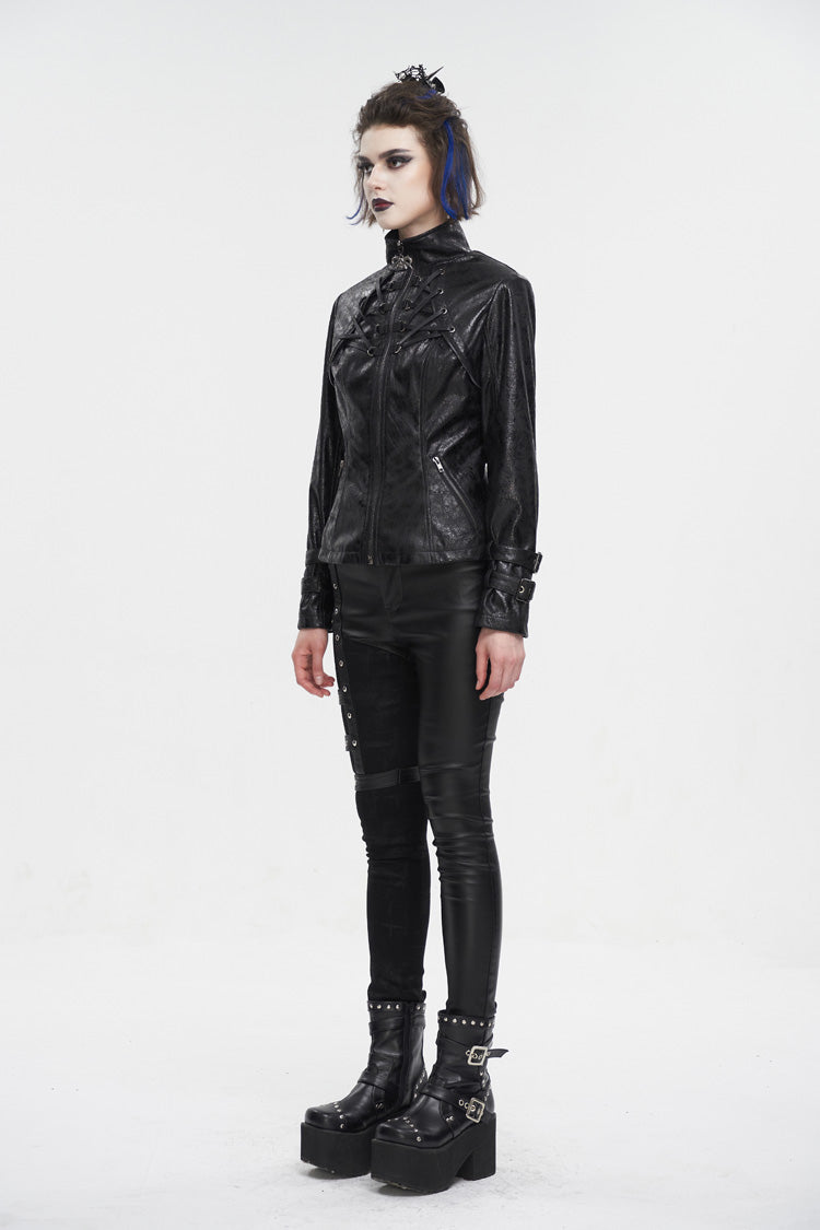 Black Stand Collar Crackled Buckle Women's Punk Jacket - Product - 6