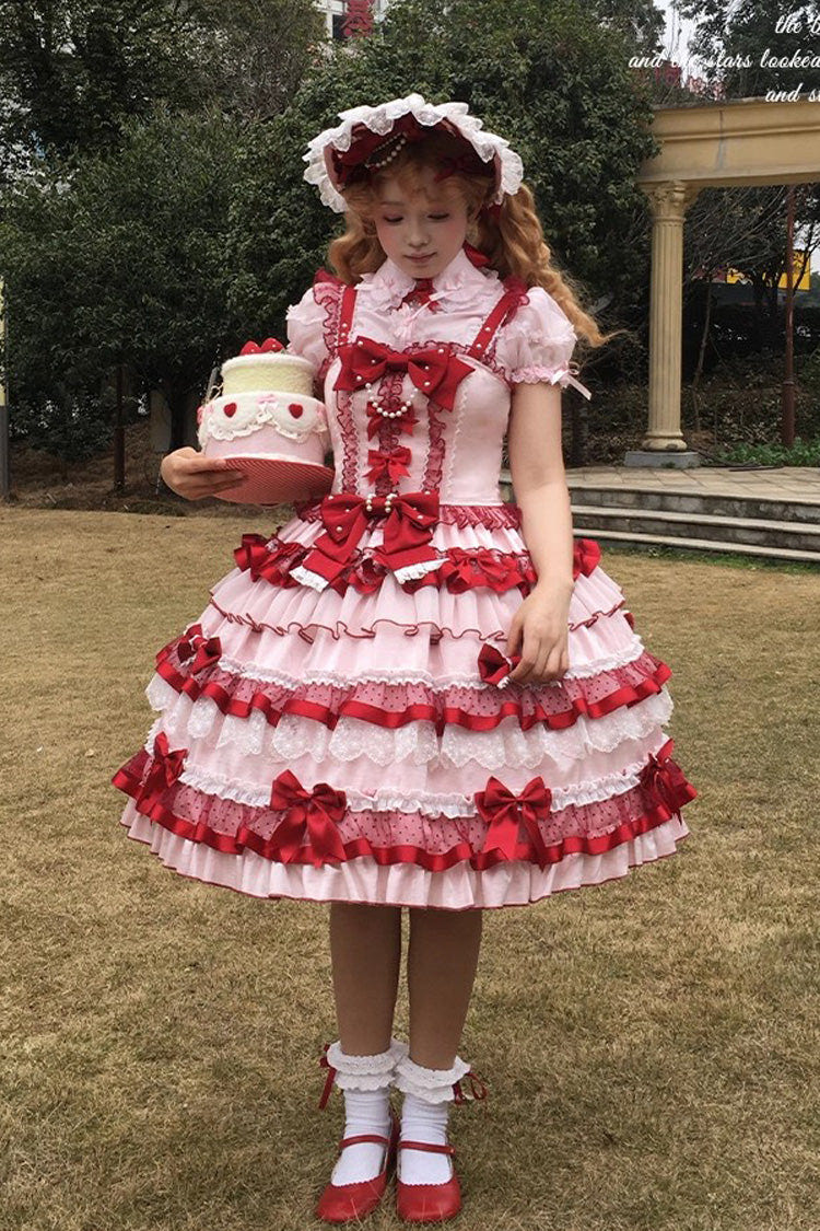レッド [Ribbon Berries] ノースリーブ ティアード フリル リボン レース スウィートロリータ ジャンパースカート（JSK） 商品画像