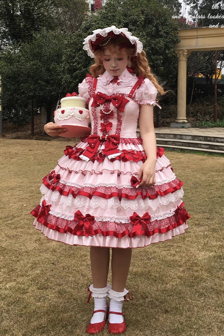 Red [Ribbon Berries] Sleeveless Multi-Layered Ruffle Bowknot Lace Sweet Lolita Jsk Dress - Product - 12