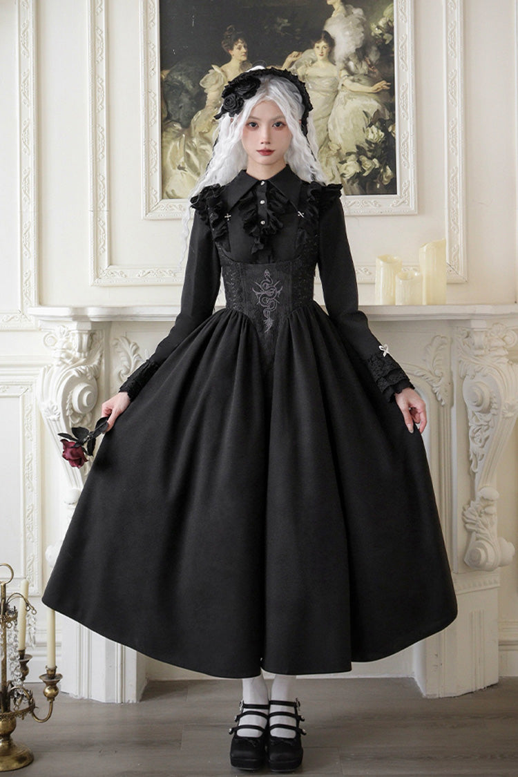 Black Cross Snake Pattern Print Embroidery Gothic Lolita Strap Dress - Black - 1
