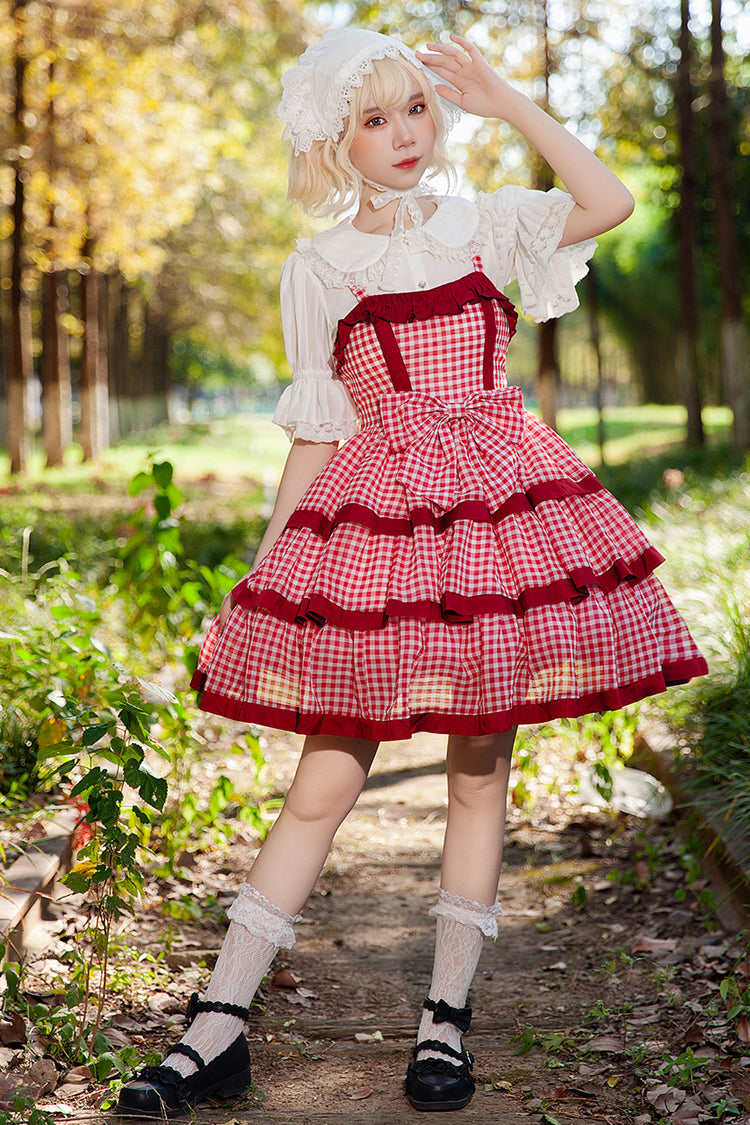 Red [Cloth Cat] Triple-Layered Plaid Print Ruffle Bowknot Sweet Lolita Dress - Red - 1