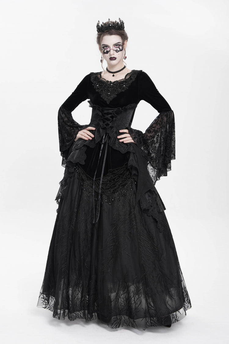 Black Long Sleeves Lace-Up Beaded Pleated Women's Gothic Blouse - Product - 9