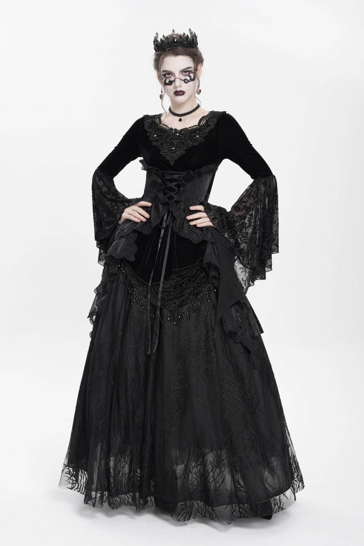 Black Long Sleeves Lace-Up Beaded Pleated Women's Gothic Blouse - Product - 9