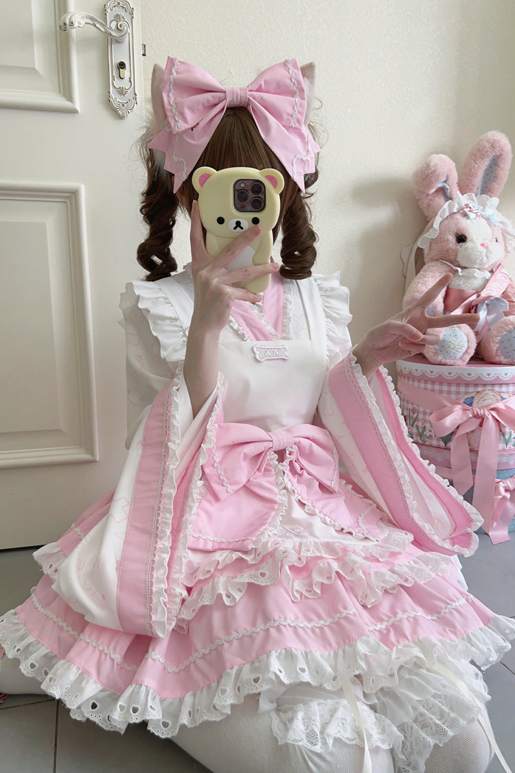 Pink/White Double-Layered Ruffle Bowknot Maid Sweet Lolita Skirt Set - Pink/White - 1