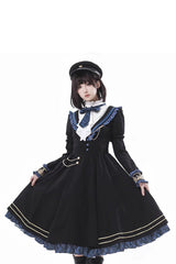 Black [Breaking Dawn] Stand Collar Long Sleeves Ruffle Gothic College Style Elegant Lolita Dress - Product - 3