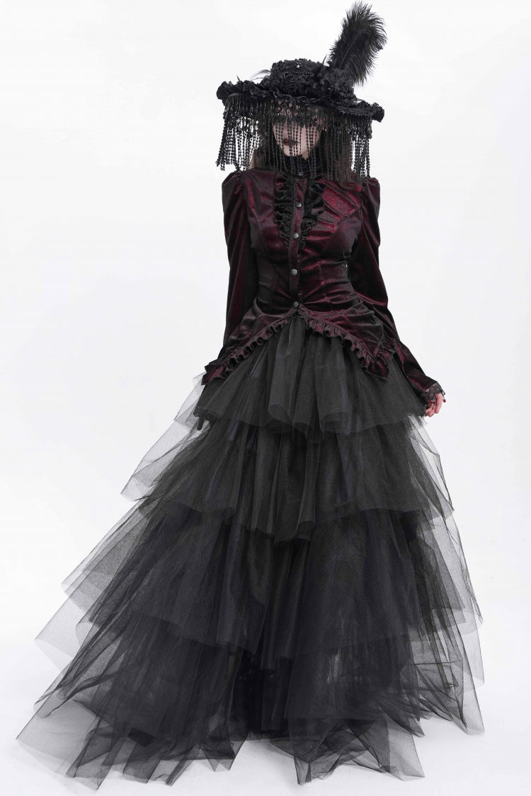 Red Stand Collar Long Trumpet Sleeves Ruffle Swallow-tailed Women's Gothic Blouse - Product - 14