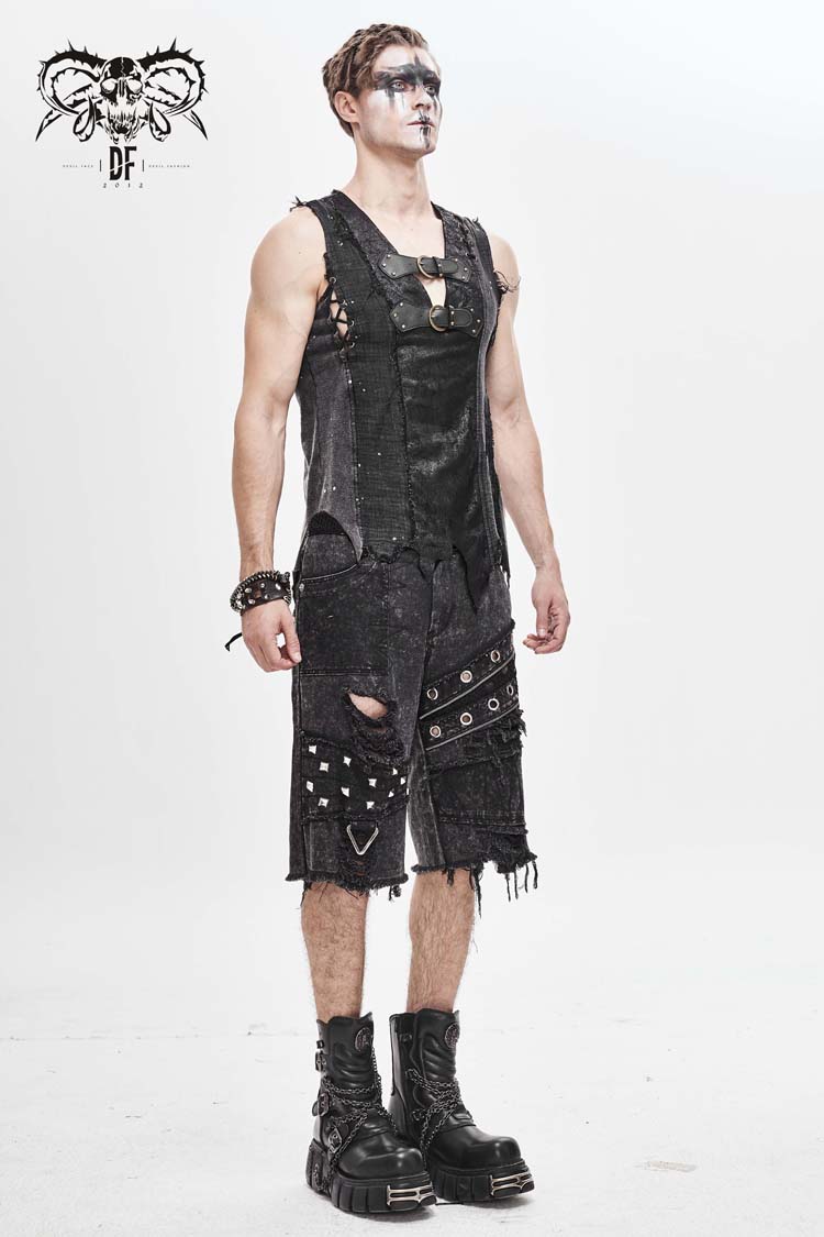 Black V-Neck Sleeveless Ripped Buckle Straps Men's Gothic Vest - Product - 3