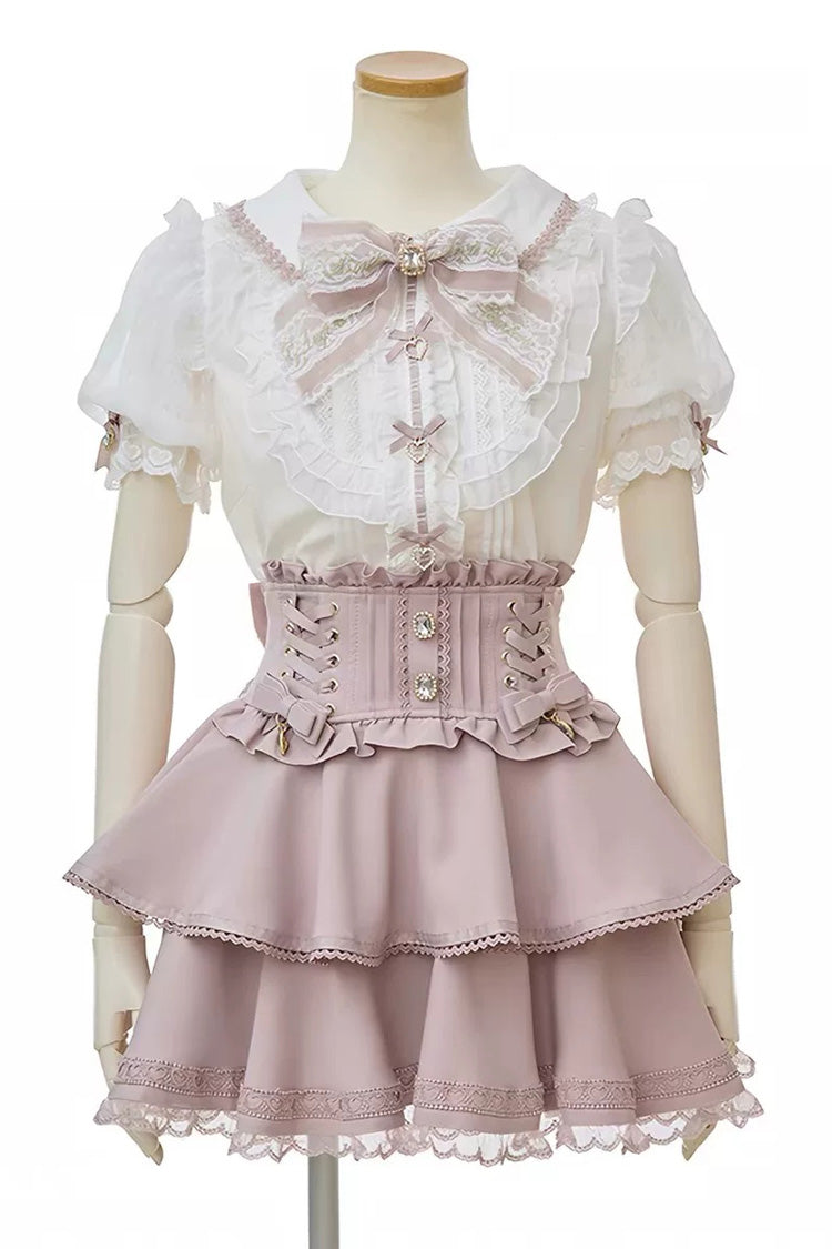 Japanese Lapel Collar Short Sleeves Ruffled Embroidered Bow Lace Plus Size Sweet Jirai Kei Skirt Set 3 Colors - Pink - 1
