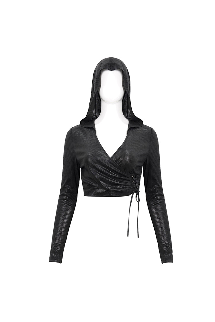 Black Shiny Vertical Grain Texture Tied Rope Decoration Hooded Short Women's Punk T-Shirt - Product - 6