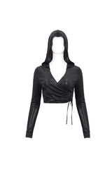 Black Shiny Vertical Grain Texture Tied Rope Decoration Hooded Short Women's Punk T-Shirt - Product - 6