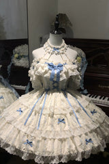 Blue/Ivory Halterneck Sleeveless Triple-Layered Floral Printed Ruffled Bow Lace Sweet Lolita Jsk Dress Set - Blue/Ivory(Set) - 1